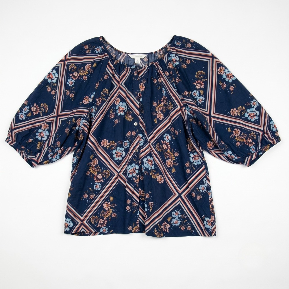 LC Lauren Conrad Blouse Women Large Blue Floral Diamond‎ Puff Sleeve Boho Top - Picture 3 of 13